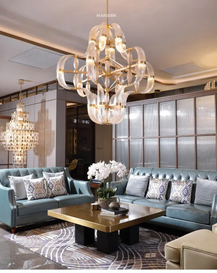 MARSDEN modern decorative solid brass brushed murano glass shade led pendent light big villa lights luxury expensive chandelier