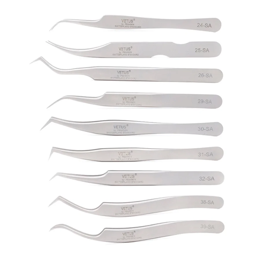 VETUS SA-Series Stainless Steel Eyelashes grafting Tweezers High Delicateness Tweezers No-magnetic Clip Card boxed 24SA 30/32SA