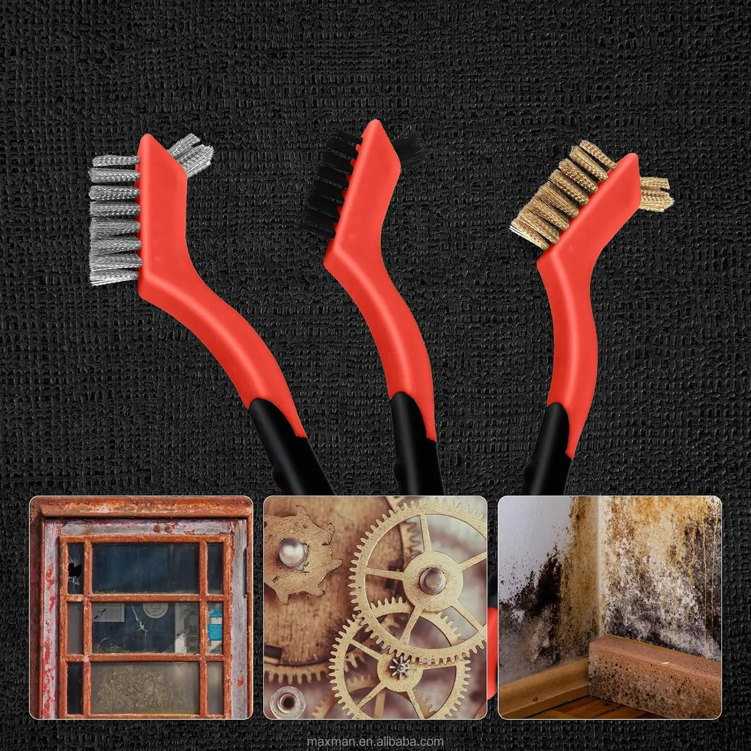 Nylon Brass Stainless Steel Bristles with Curved Handle Grip for Rust Dirt Paint Scrubbing Metal Brush Wire Brush Set