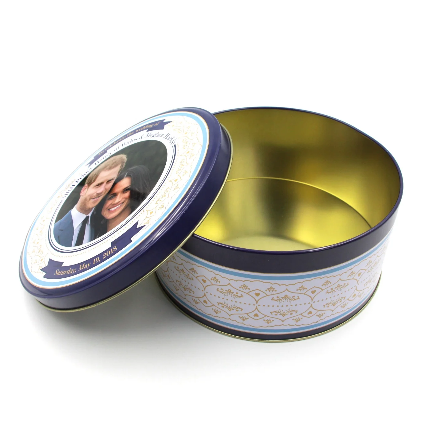 
 Круглая Свадебная подарочная жестяная коробка или жестяная коробка для конфет, которую можно настроить для печати фотографий  