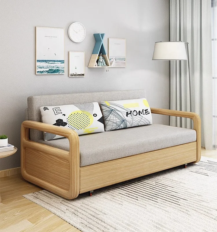 Living room furniture, wooden double sofa bed, pull-out sofa bed with storage cabinet