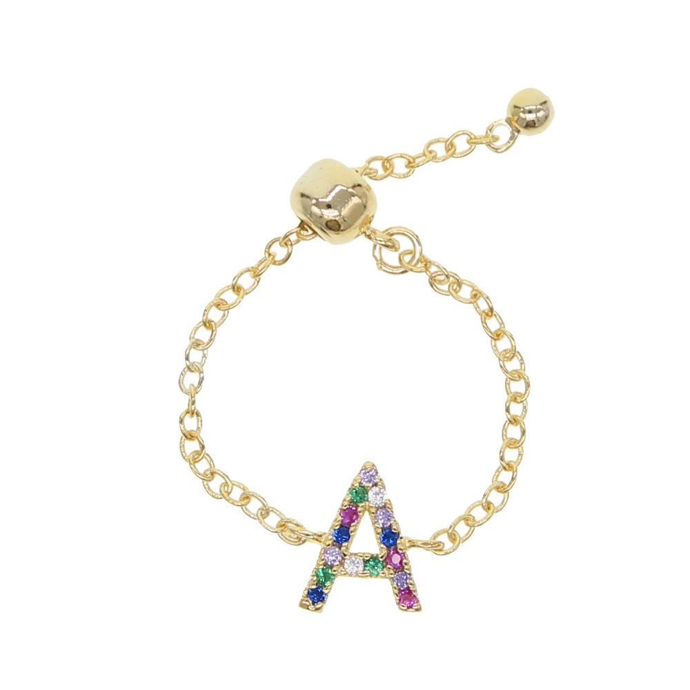 Tiny Chain New Design Chain Alphabet Rings A-Z Initial Name Ring Charm Jewelry New Adjust Ring For Girl Women Rainbow Jewelry