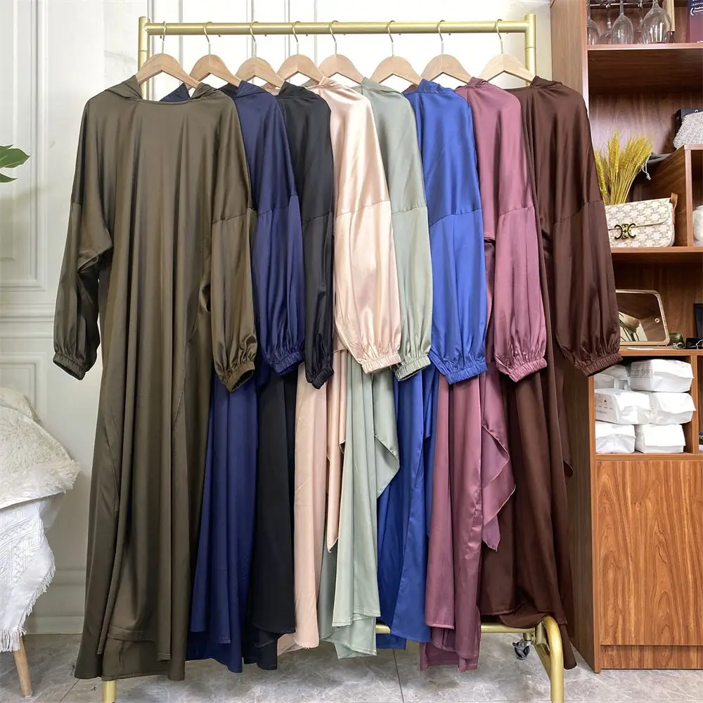 6675# New Style Satin Muslim Long Dress with Hijab Pray Islamic Women Saudi Arabia Modest Dresses