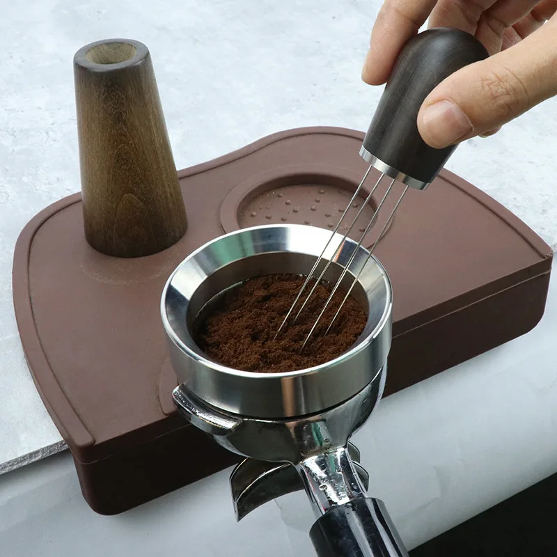 Home use wooden coffee powder distributor tool with holder coffee needle