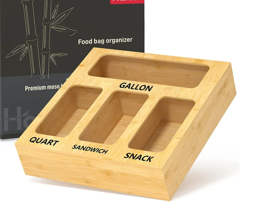 Factory direct sale Bamboo Ziplock Bag Storage Organizer and Dispenser for Kitchen Drawer