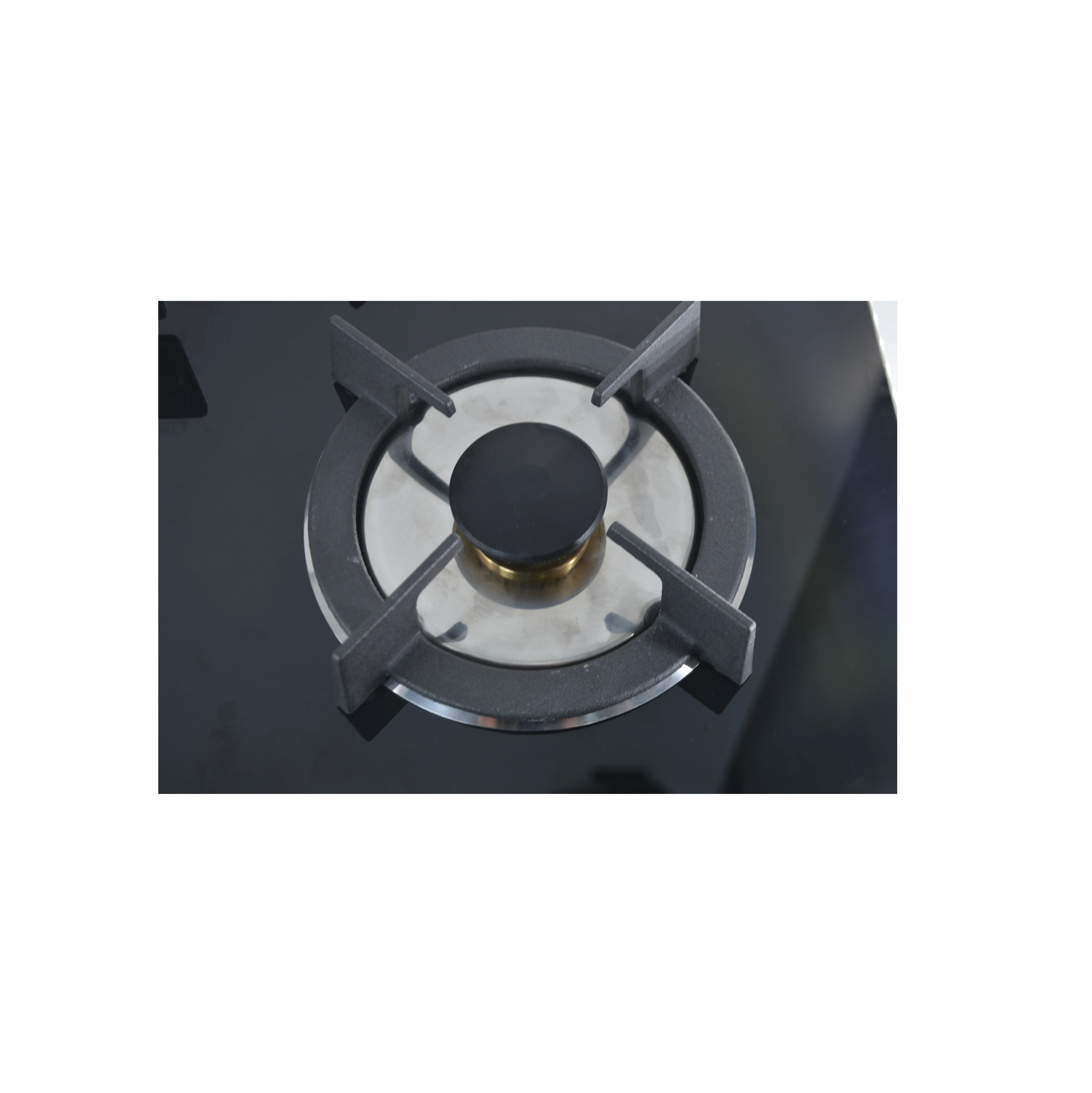 Black Kitchen Gas Cooktop with Glass Panel and Manual Ignition for Home & Hotel Use Features Ceramic Surface and 5 Cookware