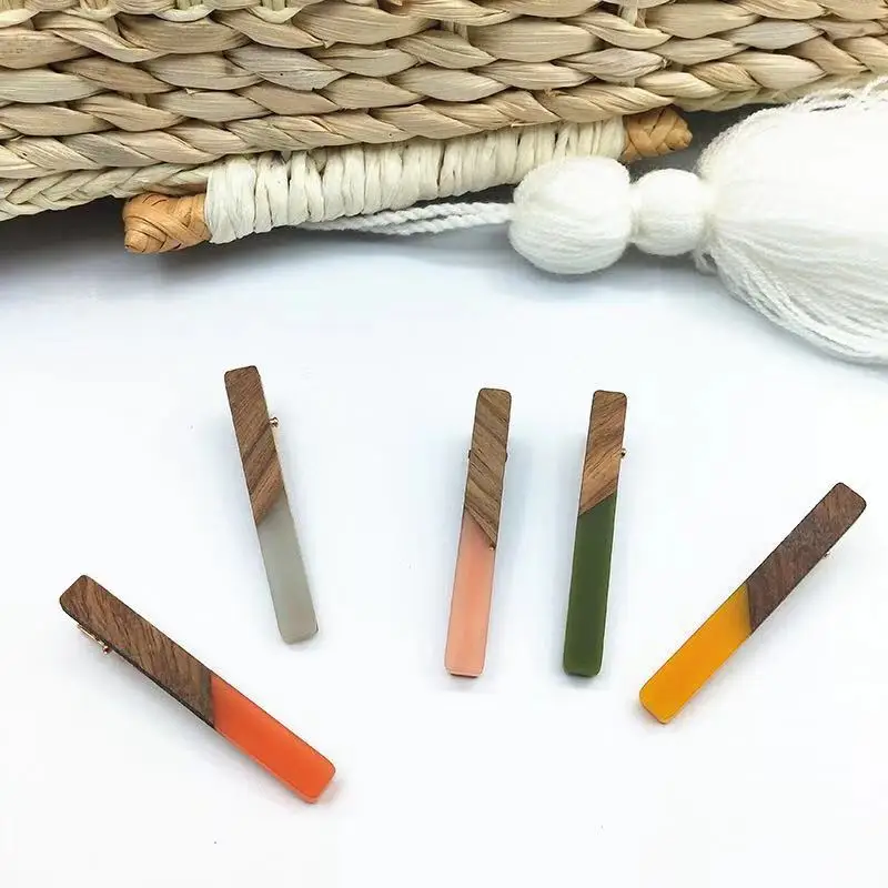 Korean Fashion Retro Real Wood Jelly Color Water Drop Barrette Resin Hair Clips For Women