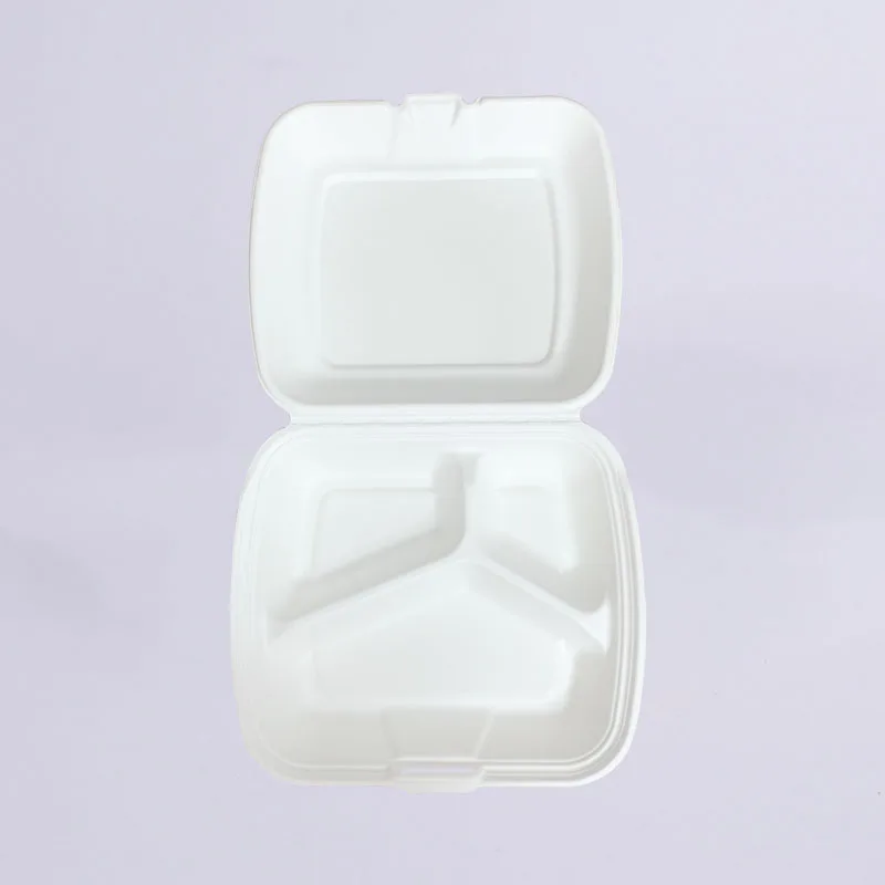 disposable bagasse food container 9' 3-Compartment Clamshell