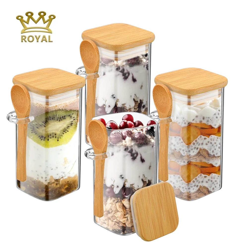 Хит продаж ночные овсяные контейнеры стеклянная банка для специй контейнер хранения продуктов с бамбуковой крышкой ложка домашней кухни