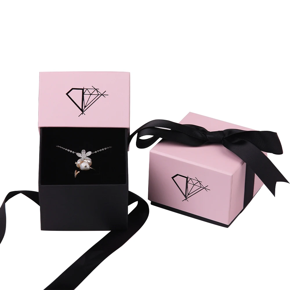High Quality Jewelry Packaging Fancy Paper Gift Box Pink Customized Logo Jewelry Box With Ribbon