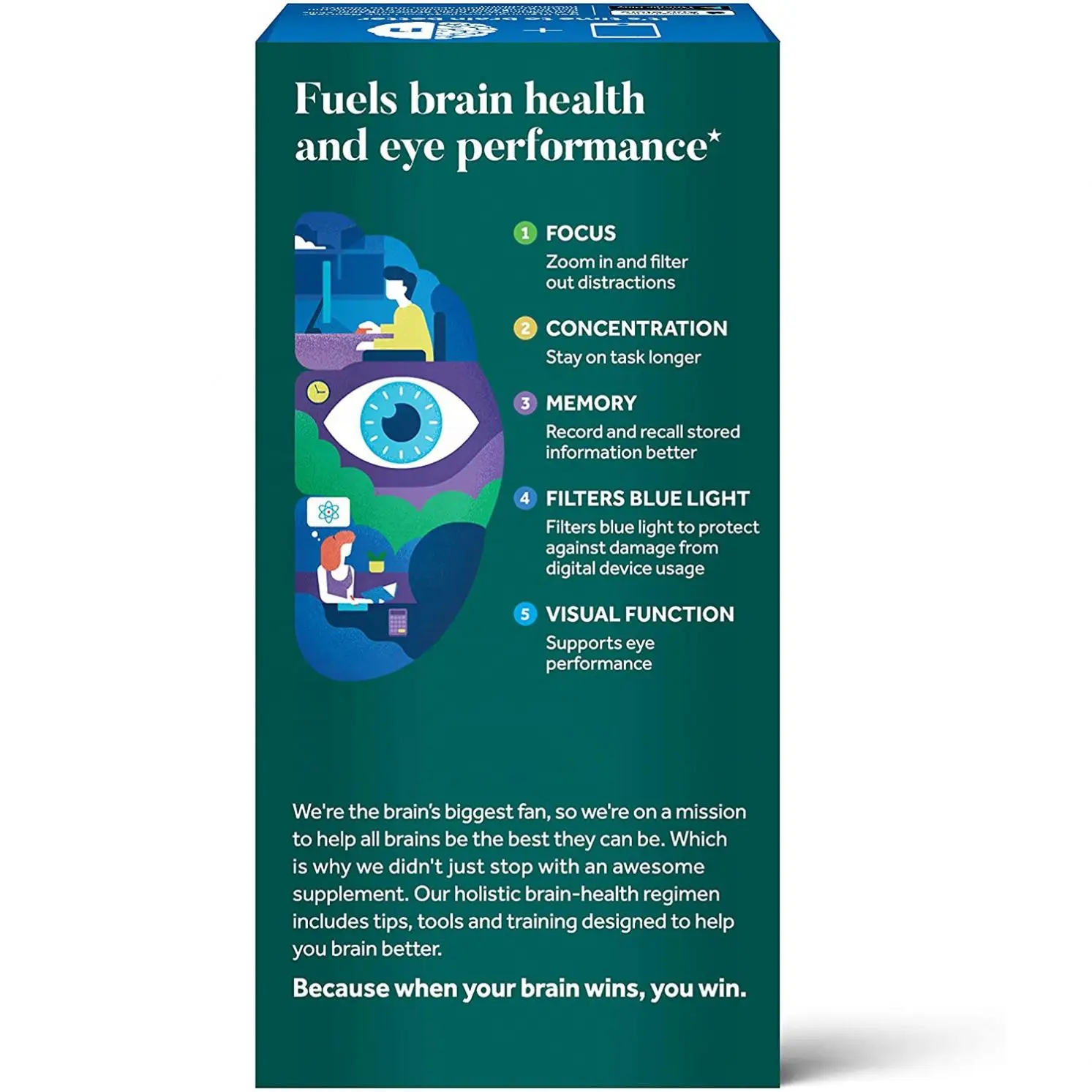 Brain + Eyes supplement capsules improve memory and concentration and contain lutein, vitamin ACE and zinc to promote eye health