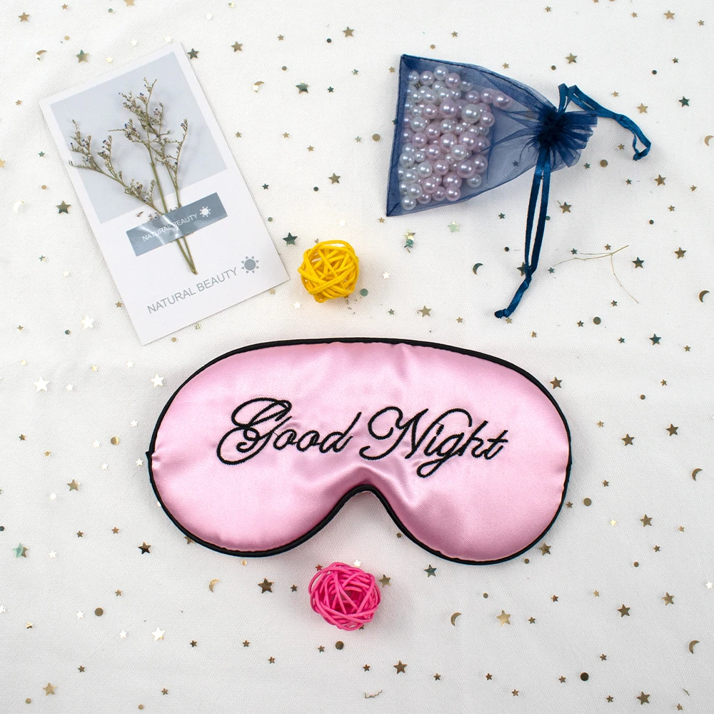 
embroidery good night sleep adjustable eye mask with different colors imitated silk eye cover for hotel 