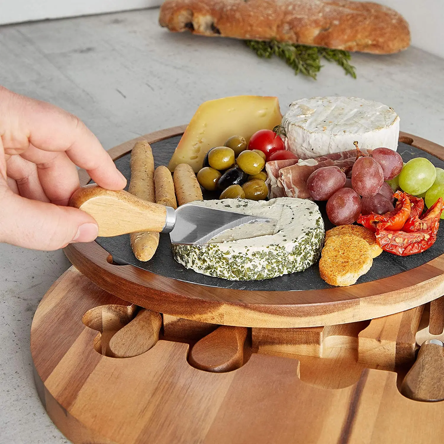 2021 Hot selling Acacia Bamboo Cheese Board Set With Cutlery In Slide-Out Drawer and knife set Round