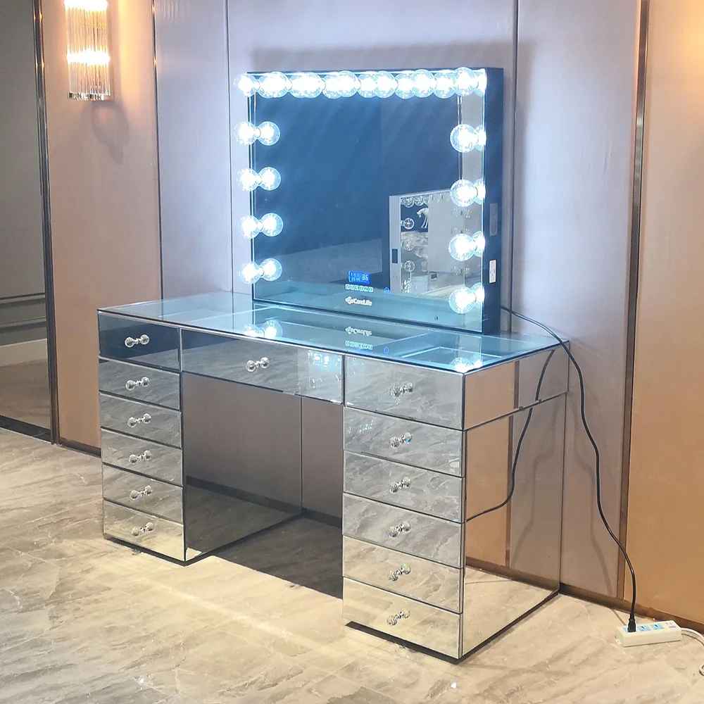 Stock in US! Docarelife Mirror Glass Wooden Cosmetic Beauty Lighted Hollywood Vanity Dressing Table Set