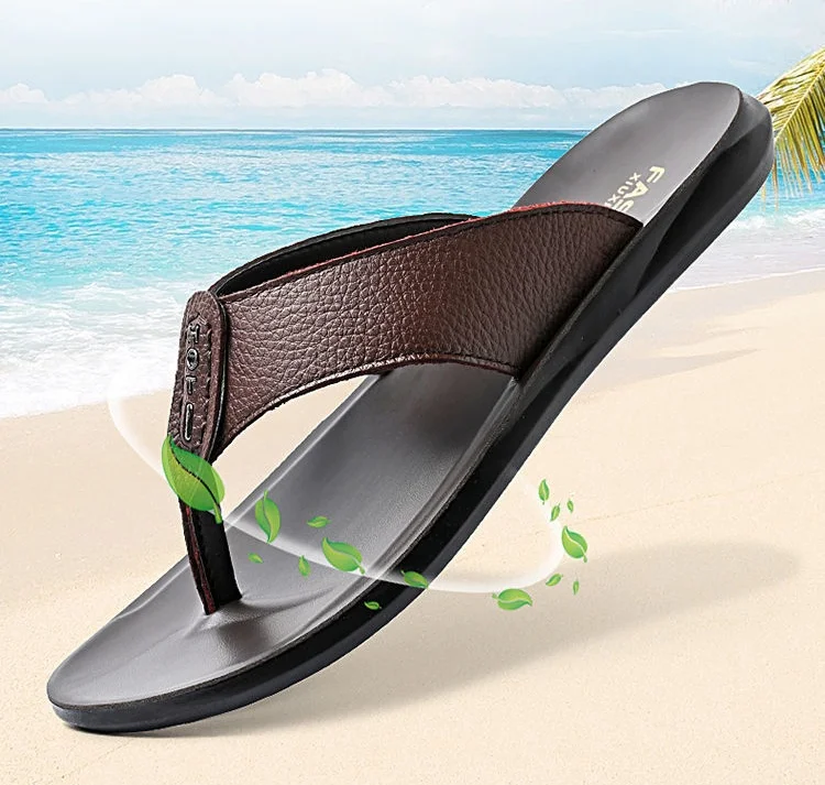 2024 Men Pu Leather Summer Slippers New Fashion Flip-Flops Sandals Beach Shoes Breathable Non-slip Casual Flat Slippers