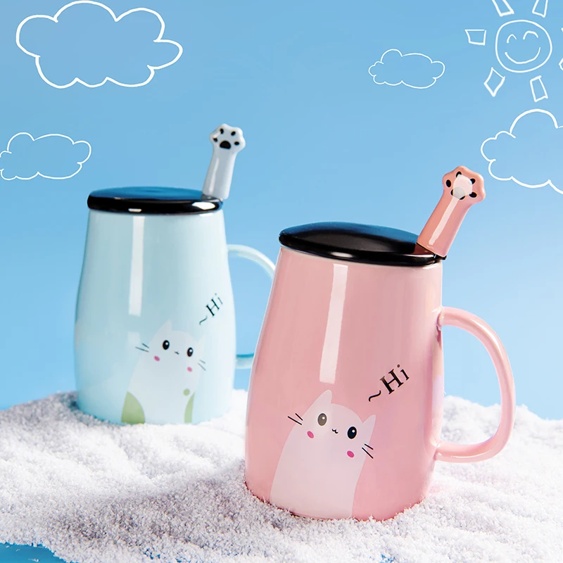 Zogift Cute Cat Style Ceramic Mugs Lid Spoon Cartoon Creative Morning Mug Milk Coffee Tea Unique Porcelain Coffee Mugs