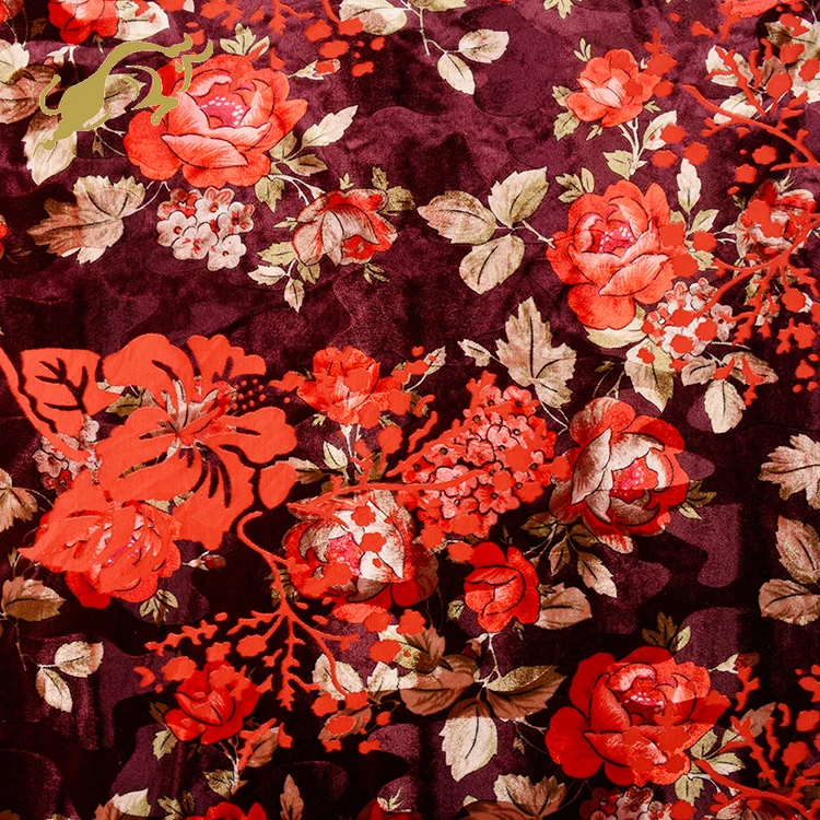 Professional manufacturer 240GSM bright big floral burn out paper printed Korean Spandex velvet fabric for garments