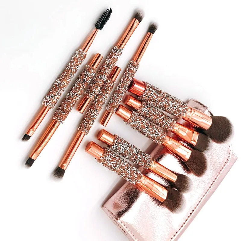 Luxury makeup brush set 10pcs rose golden glitter handle crystal diamond foundation brush set with PU bag makeup brushes
