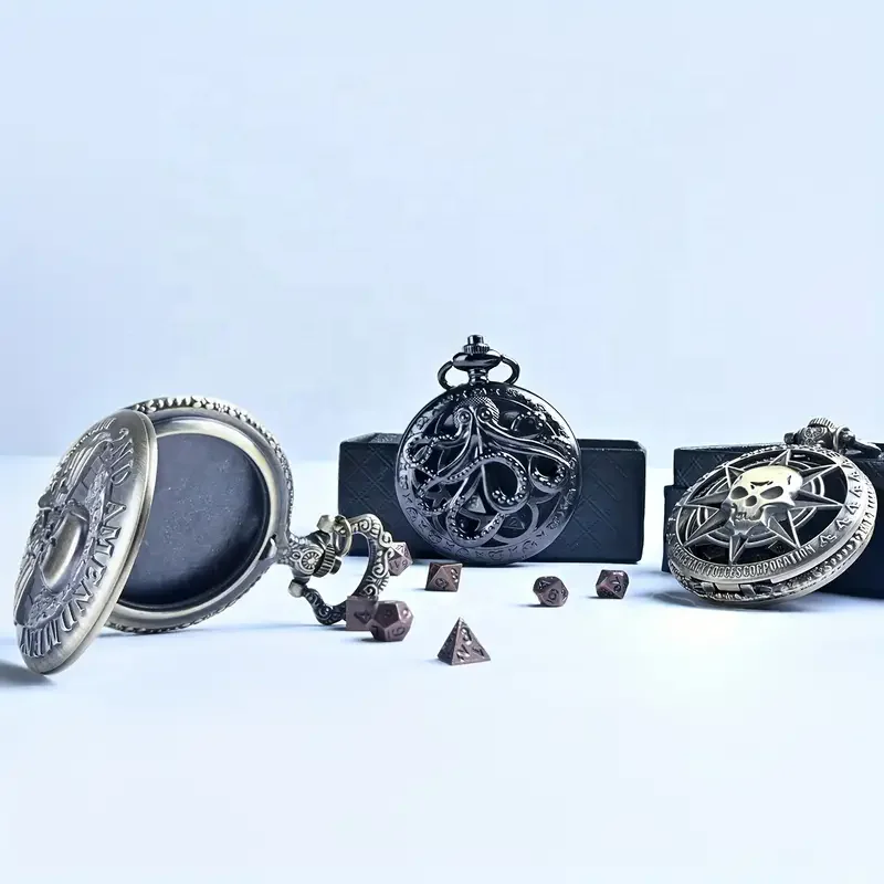7pcs Portable Mini Role Playing Dice with Pocket Watch Shell, Cards Board Game Polyhedral Metal Dice Set