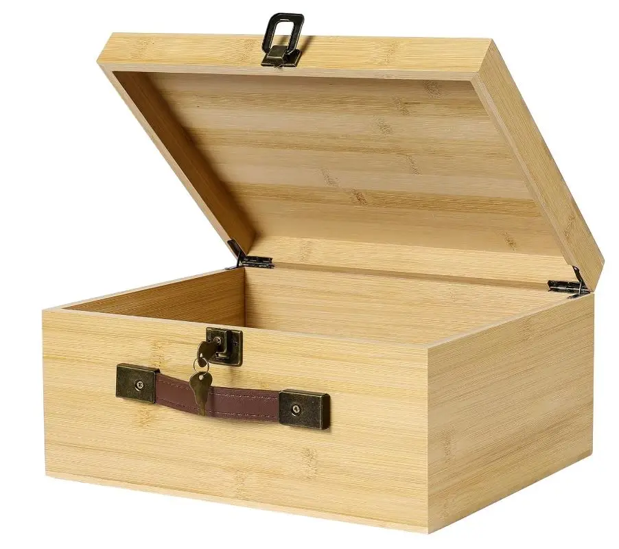 Large Bamboo Wood Storage Box with Lock Hinged Lid PU Leather Handles Wooden Storage Suitcase Keepsake Stash Chest Box Case
