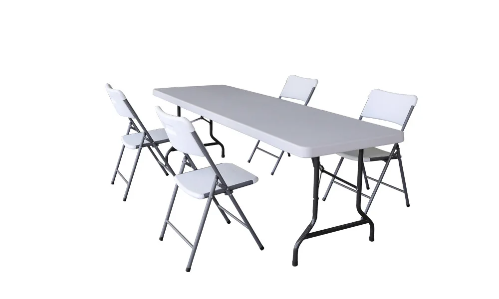Hot selling white simple portable outdoor picnic folding table and chair set, one 6ft folding table with 4 folding chair