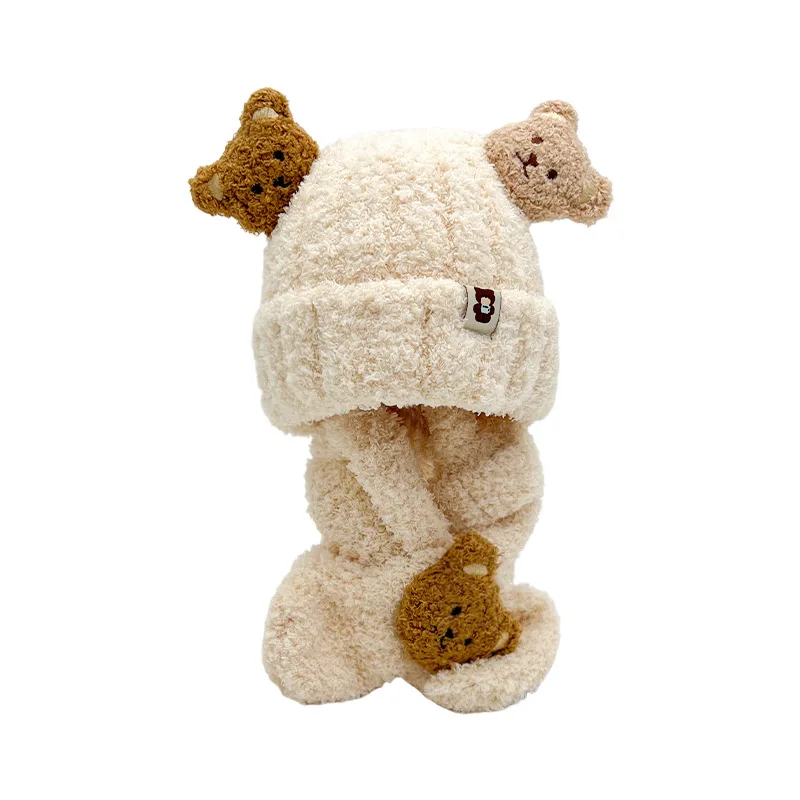 BSBH New Design Cute Plush Winter Hats Kid Scarf Set Baby Ear Warmers Fuzzy Beanie Hats Cartoon Baby Beanie Hats