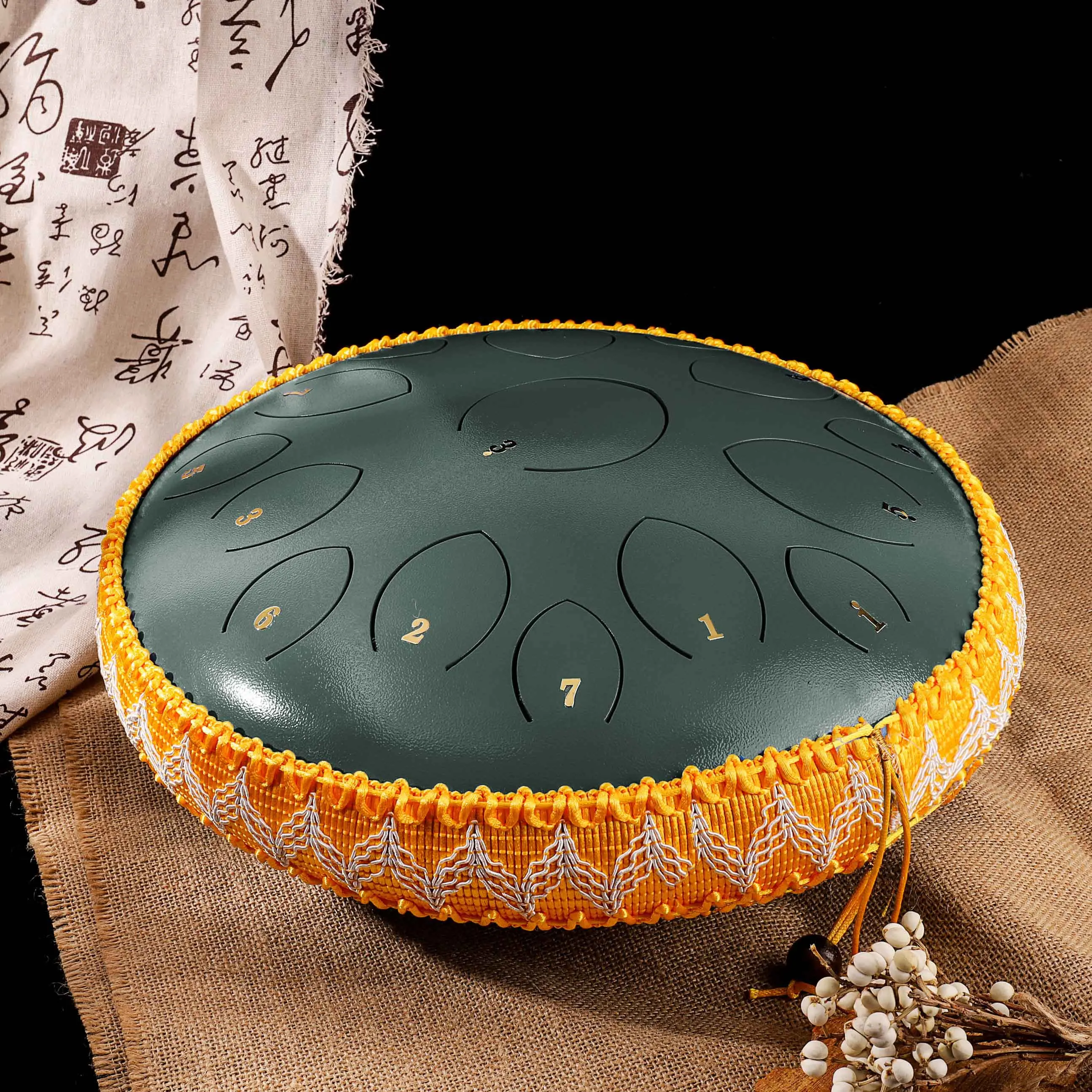 Factory offer the big size  design 14 inch (35 cm) 15 tongue dark green  hank drum D key balmy drum  steel tongue drum