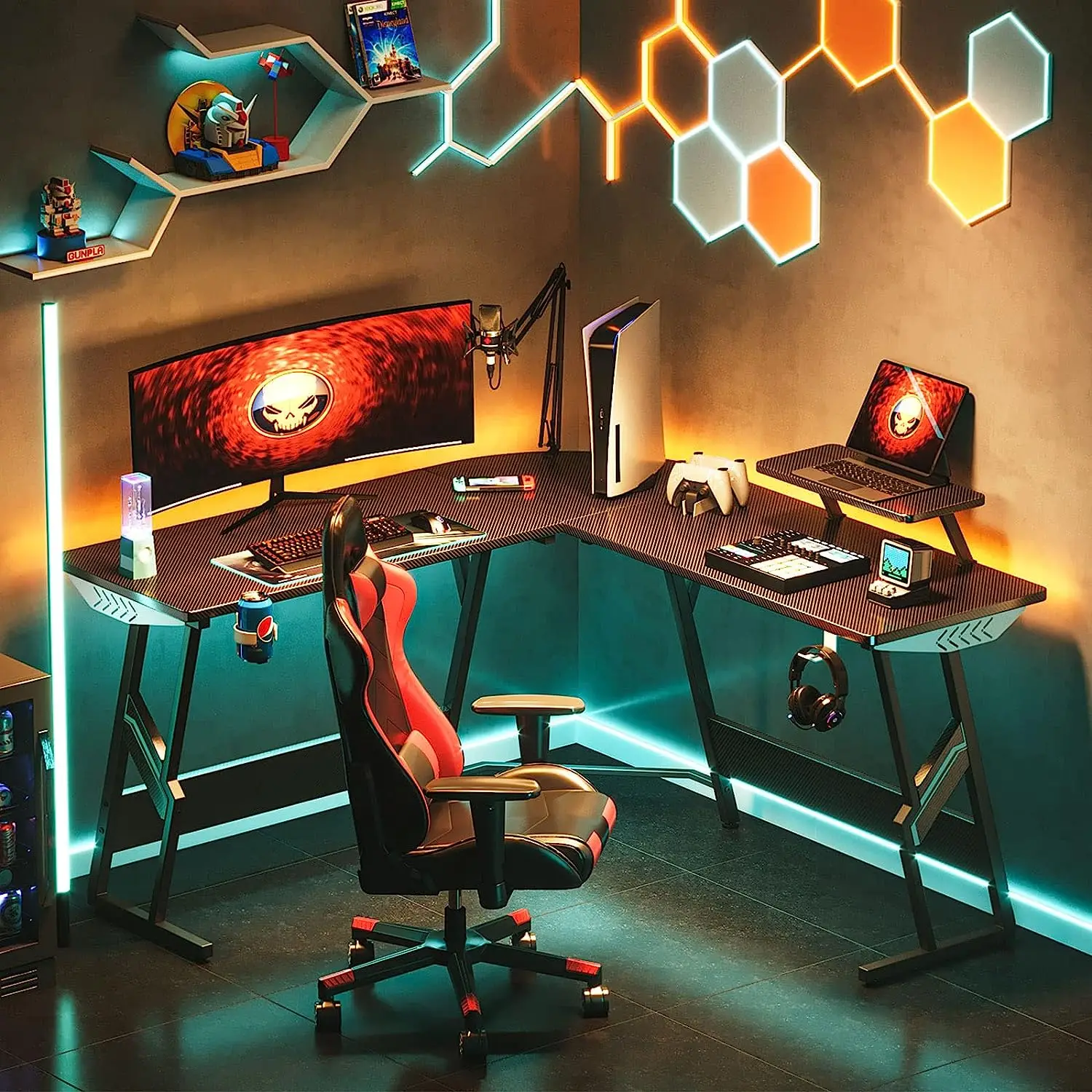 Black L Shaped Gaming Desk with Cup Holder and Headphone Hook gaming gamer desk and chairs