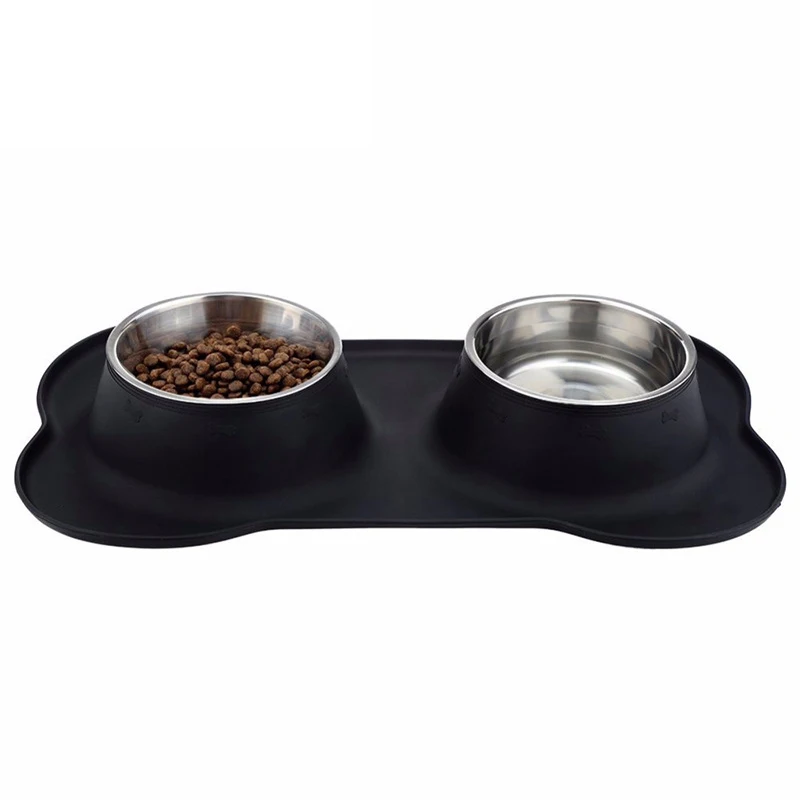 LIHONG wholesale Pet Dog Bowls 2 Stainless Steel Bowl with No Spill Non-Skid Silicone Mat + Food