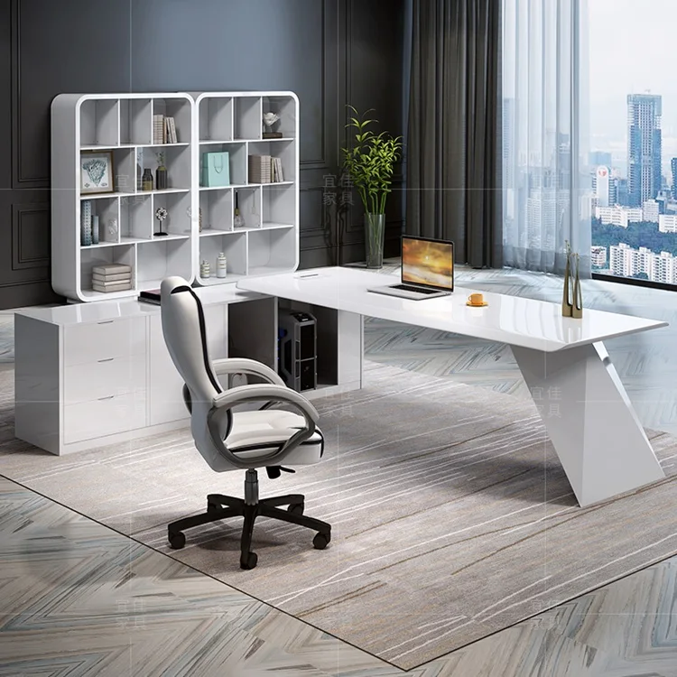 High Glossy White Wooden L Shaped CEO Office Table Furniture Luxury Executive Manager Office Desk