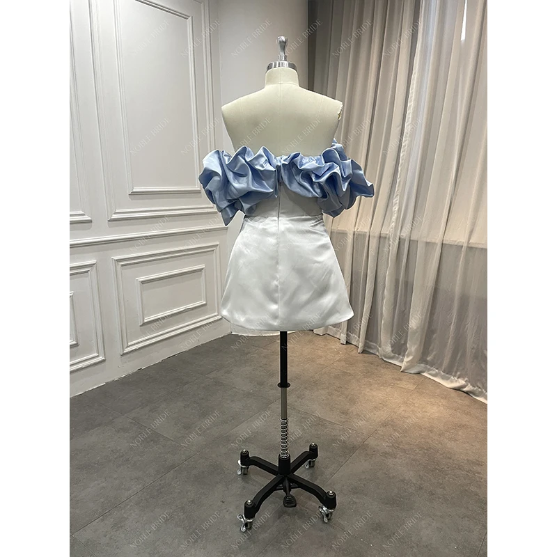Minimalist Bridal Cheap Big Blue Bow Wedding Reception Short Gown Women Princess Mini Satin Wedding Dresses with Puffy Sleeves