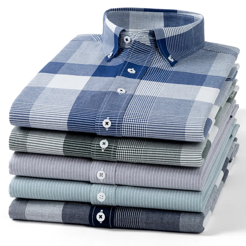 New button down plaid Oxford cotton shirt long sleeves quick dry sustainable fashion shirts for mens