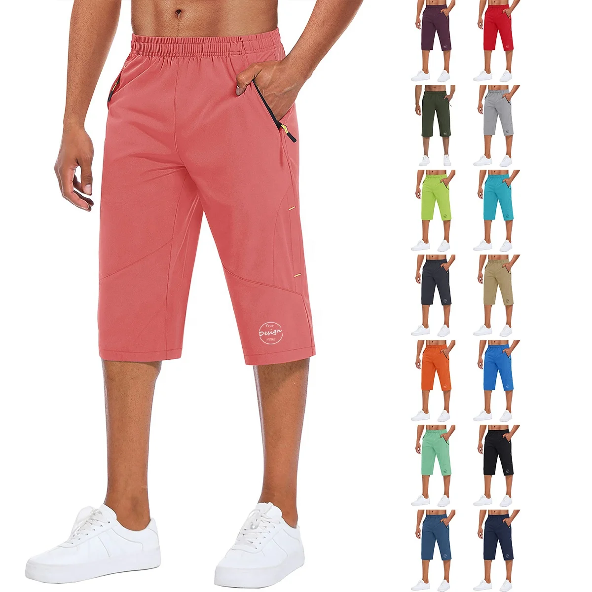 High Quality Casual Loose Fit Lightweight Elastic Waist Straight-Leg Zipper Pockets Capri Pants Men Leisure Wear