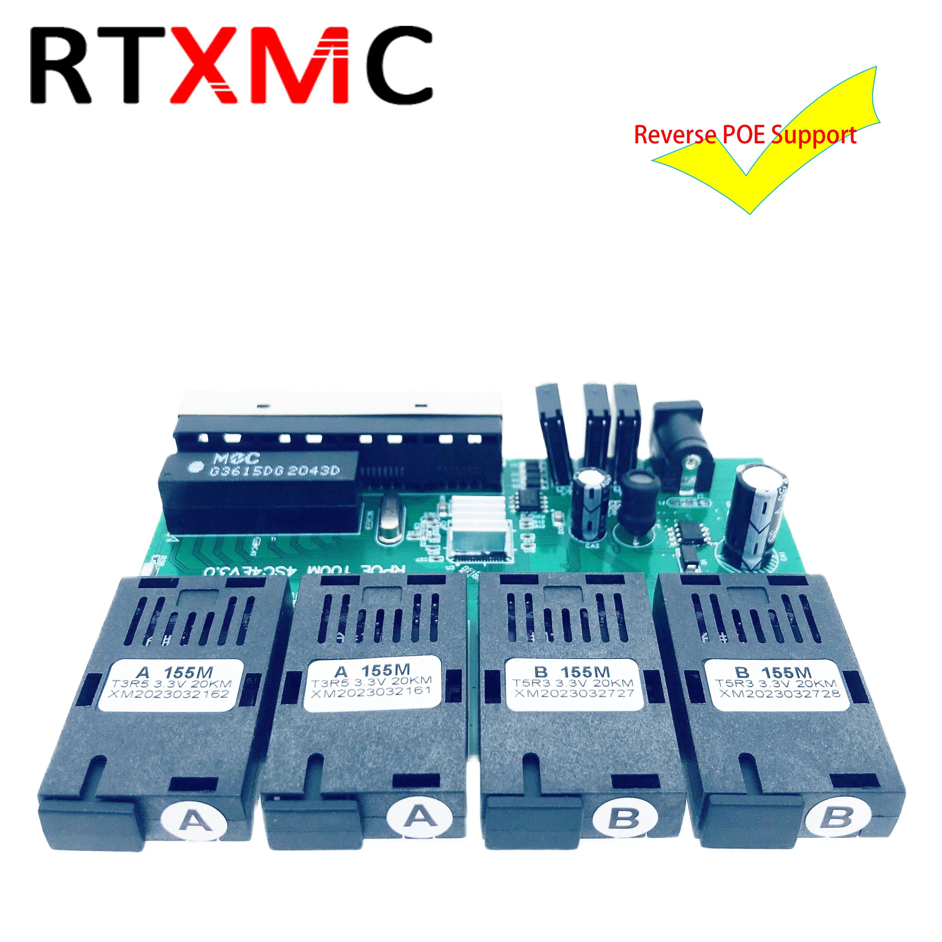 RTXMC 4fo 4lan 4F4E Reverse FAST Rpoe Switch Fiber Switch Optical 100M  Media Converter SF PCBA 4SC 4RJ45 155M RPOE FTTH  5-24V