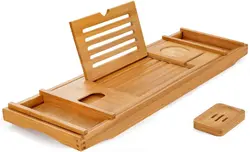 Bamboo Bathtub Caddy Tray Expandable Non-slip Bathtub Tray  Durable Bath and Bed Tray with Free Soap Holder