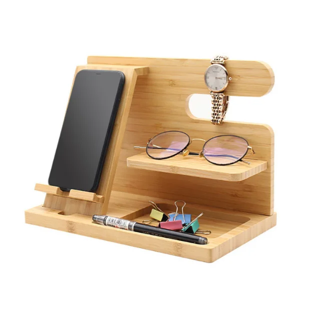 Solid Wood Phone Docking Station Key Holder Wallet Watch Wooden Stand