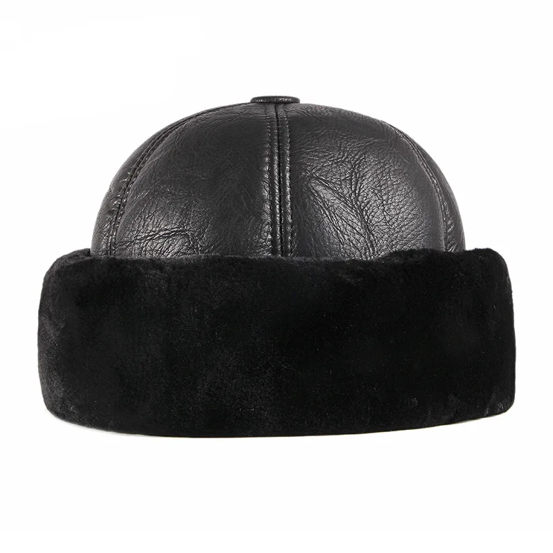 Wholesale Black Thickening Visorless PU Leather Men Winter russian Warm Hat custom LOGO