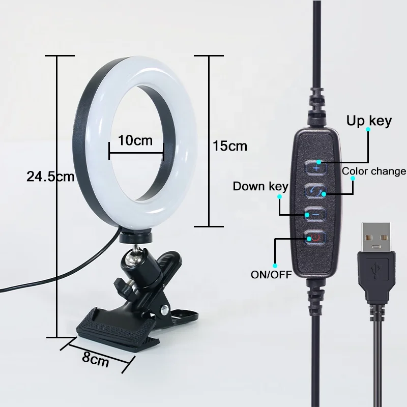 Flexible Portable Adjustable Dimmer 3 Color  Fill 6 Inch Led  Selfie Ring Light With Clip For Live Stream