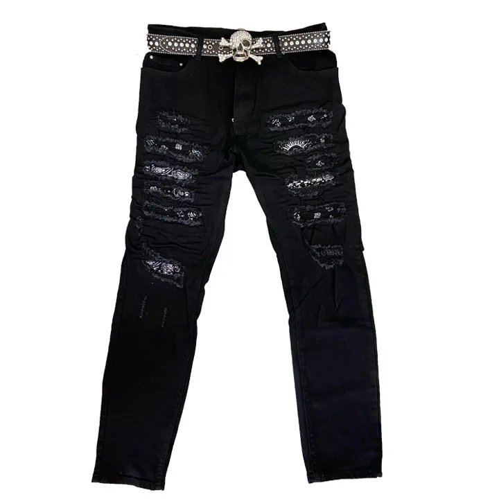 2021 Fashion Summer New Casual Jean for Men Black Jeans Two Set Long Pants With Belt together Skinny Size for Man From 34-42