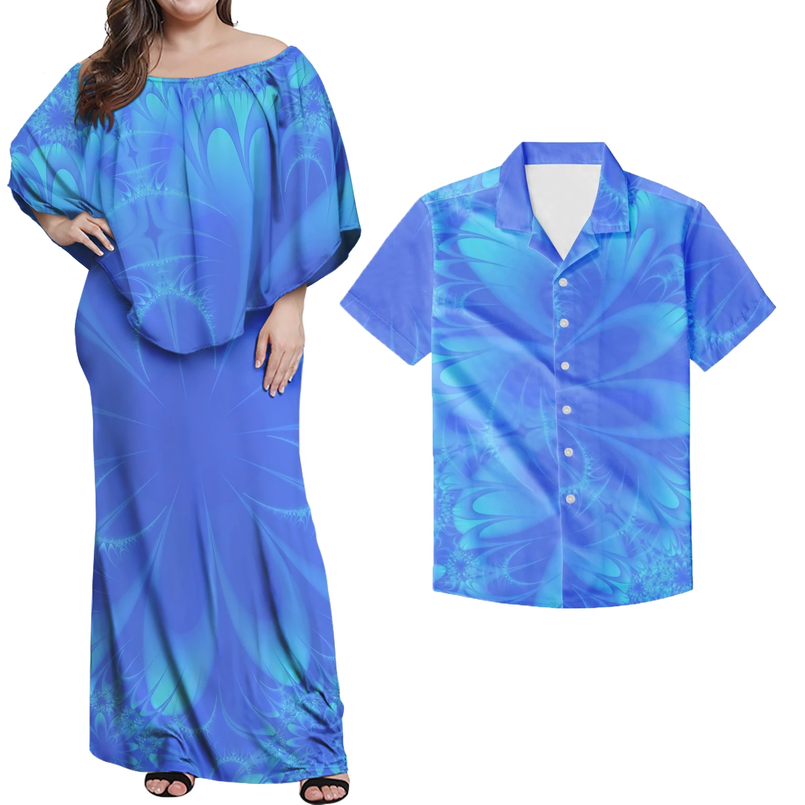 Hot Sale Evening Club Poncho Maxi Dress Women Match Man Aloha Short Sleeve Shirt Oversize Polynesian MANA Blue Sets Of Couples