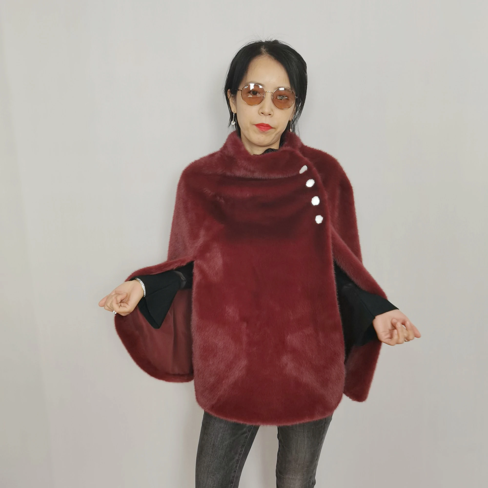 Wholesale Women Winter Warm Custom cashmere wool high quality Faux Fur poncho lady Fluffy rabbit cape women fur shawl