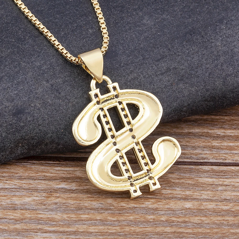 Fashion Gold Plated with Diamond Dollar Symbol Pendant Necklace Copper CZ Charm Neck Chain Party Bar Jewelry Gifts Wholesale