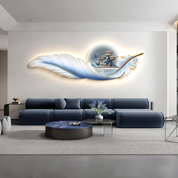 Modern Living Room Decorative Painting Feather Hanging Painting With Led Light Painting Sofa Background Wall Mural