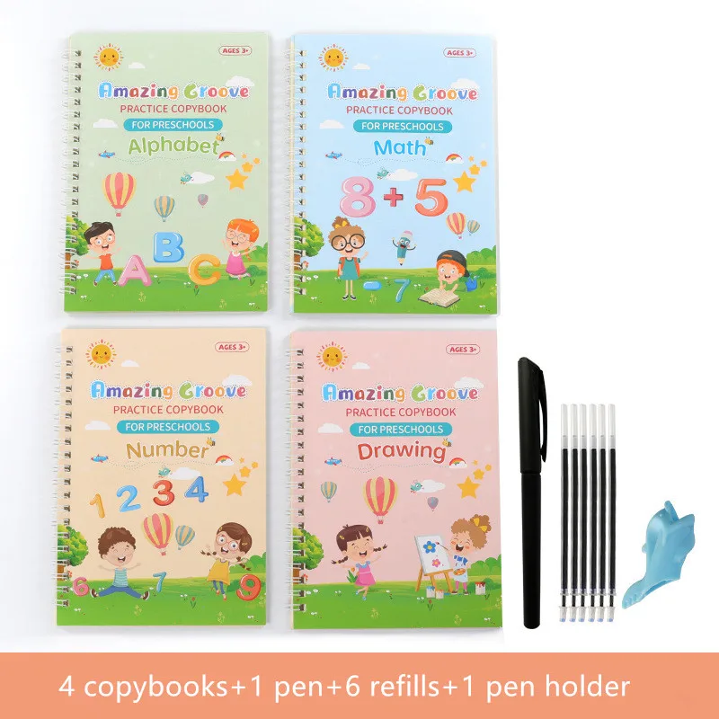 CL874 Kids Practice Writing Copybook English Groove Calligraphy Exercise Book 4pcs Set Magic Reusable Calligraphy Book