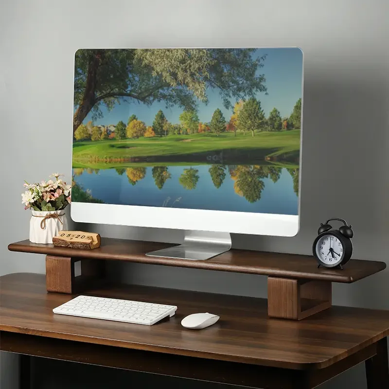 Solid Wood Screen Support Bracket Desk Space Saver Wooden Monitor Stand Riser Desktop Laptop Shelf with Storage Organizer