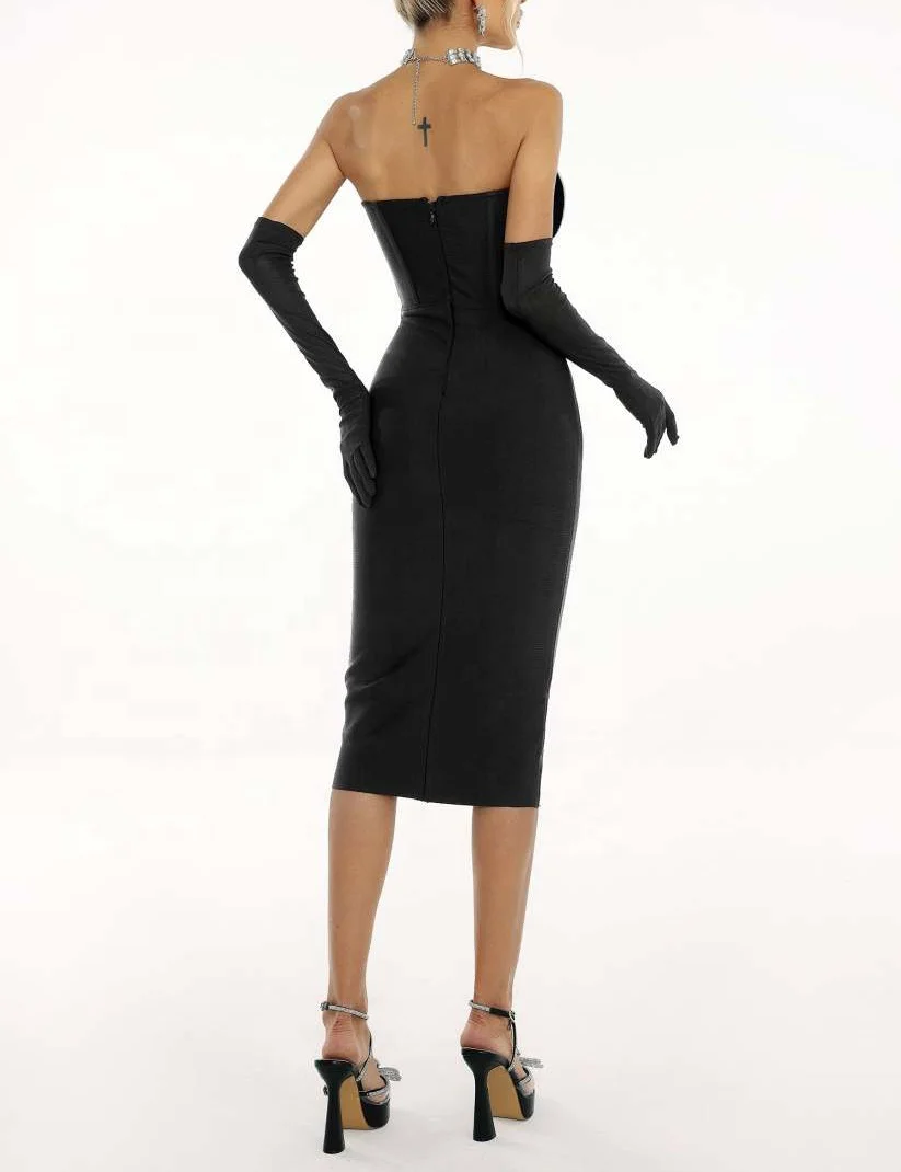 BA422 Black Peach Heart Crystal Bandage Dress Women Spring 2024 Sexy Strapless Mesh Party Midi Dresses Fashion Bodycon Vestidos