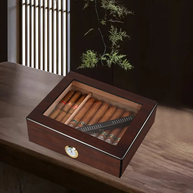 Wooden Cigar Storage Box with Humidifier Hygrometer Removable Divider Wooden Desktop Cigar Humidor