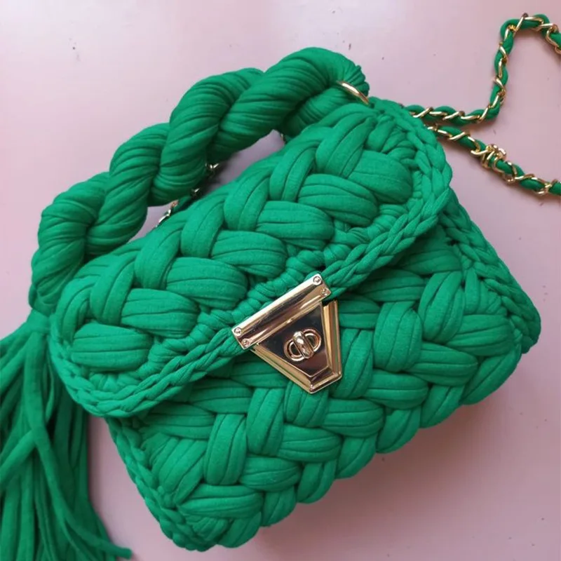 Fashion Multicolor Shoulder Bag Handwoven Crochet Handbag For Women Candy Color DIY Chunky Icelandic Yarn Chain Crossbody Bags