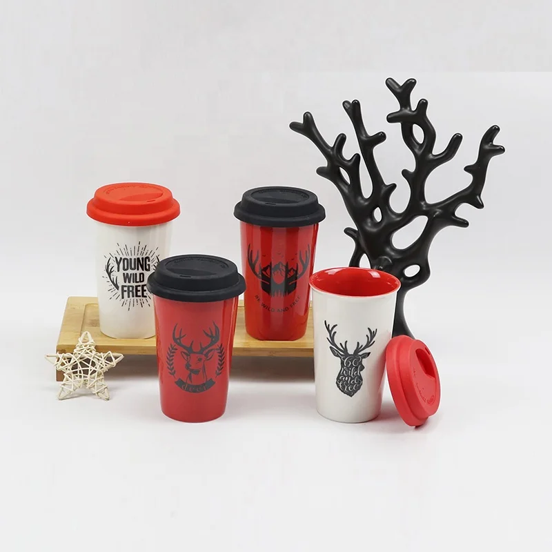 Premium ceramic mug with red glaze and festival reindeer pattern for Christmas with custom logo