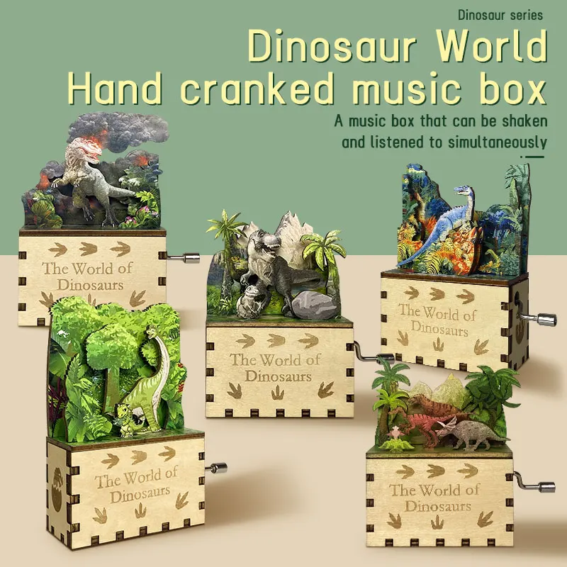 Dinosaur World Hand Crank Music Box 3d Jigsaw Puzzles DIY Toy for Kids Mini Wooden Music Box Creative Gift
